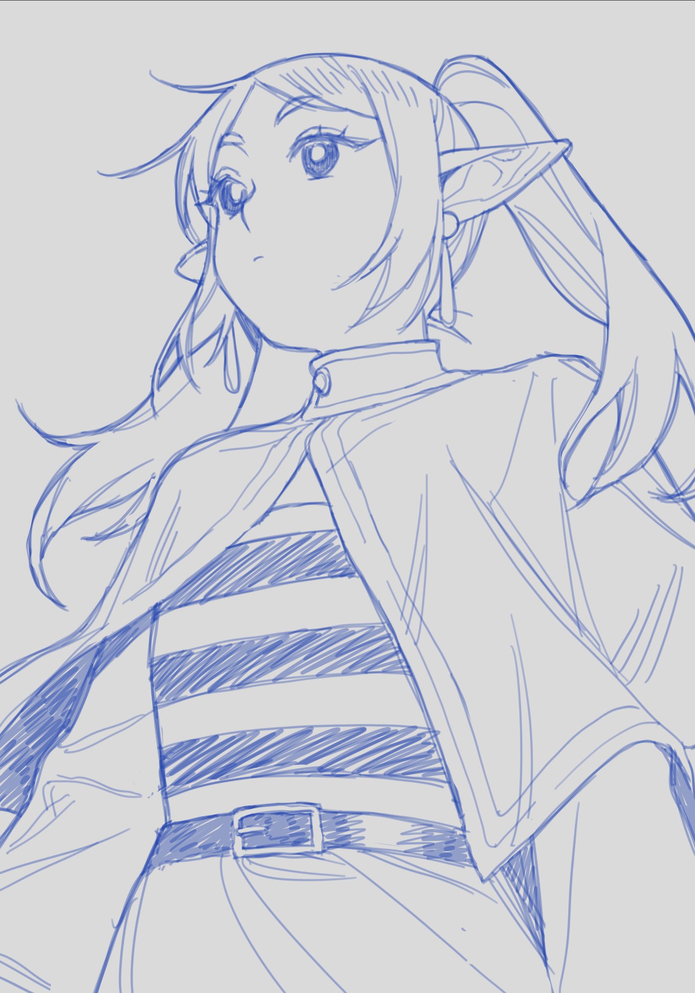 1girl, bely, cape, closed_mouth, commentary, cowboy_shot, earrings, elf