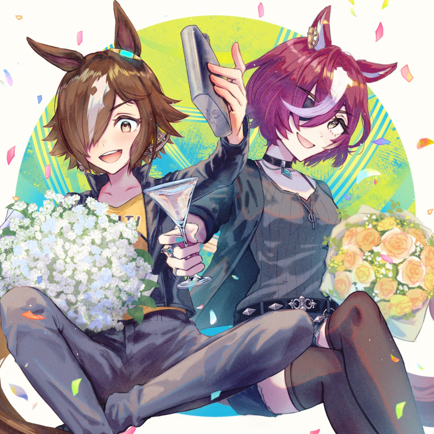 2girls, akigiri_pp, animal_ears, belt, black_belt, black_jacket, black_pants, black_thighhighs