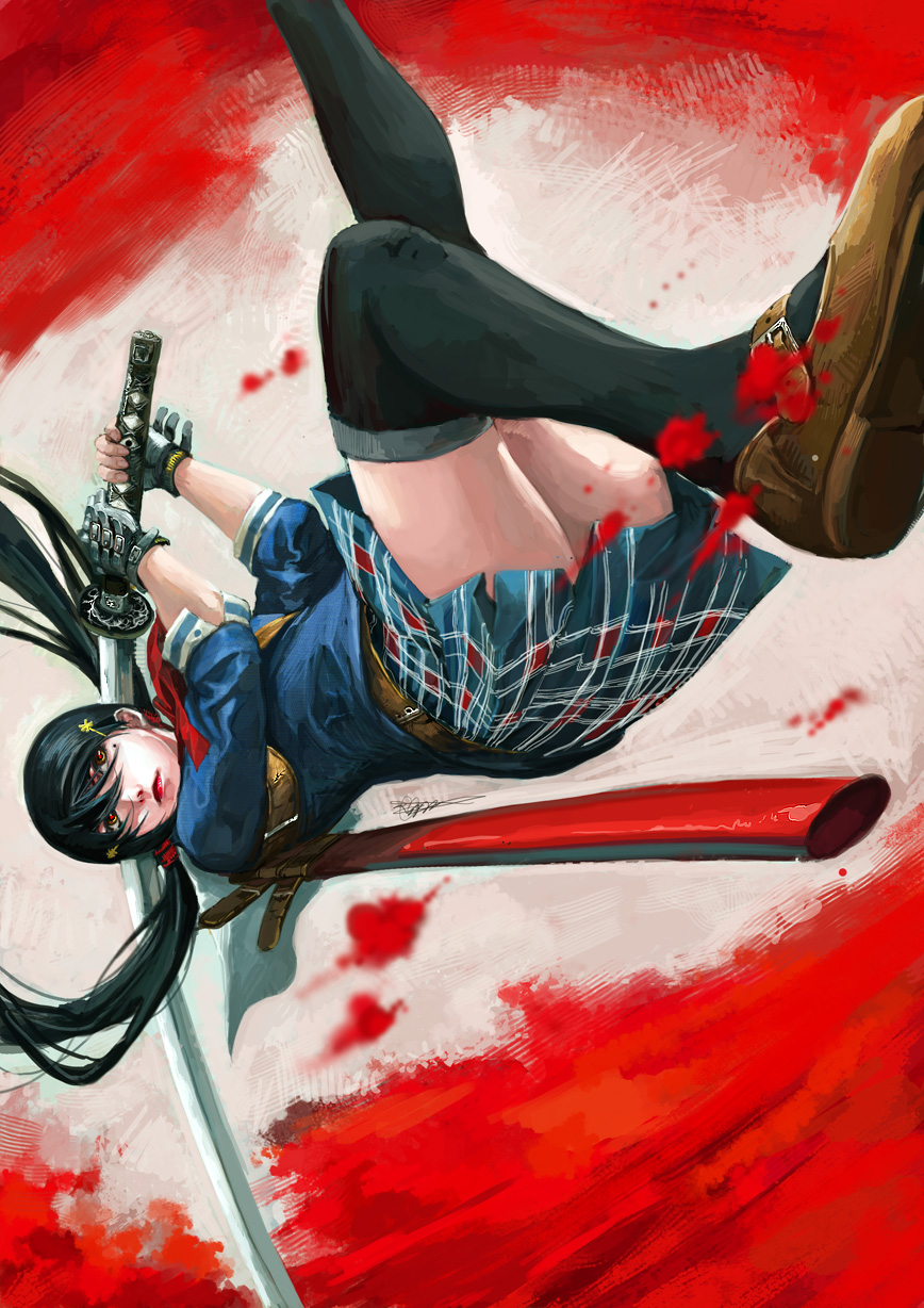 black_hair, blood, gloves, hair_ornament, hairclip, highres, katana, long_hair