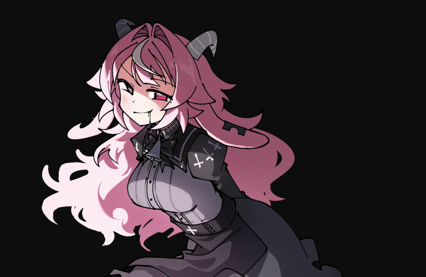 1girl, animal_ears, arms_behind_back, asymmetrical_horns, backward-facing_horns, bell, bell_bow, black_bow