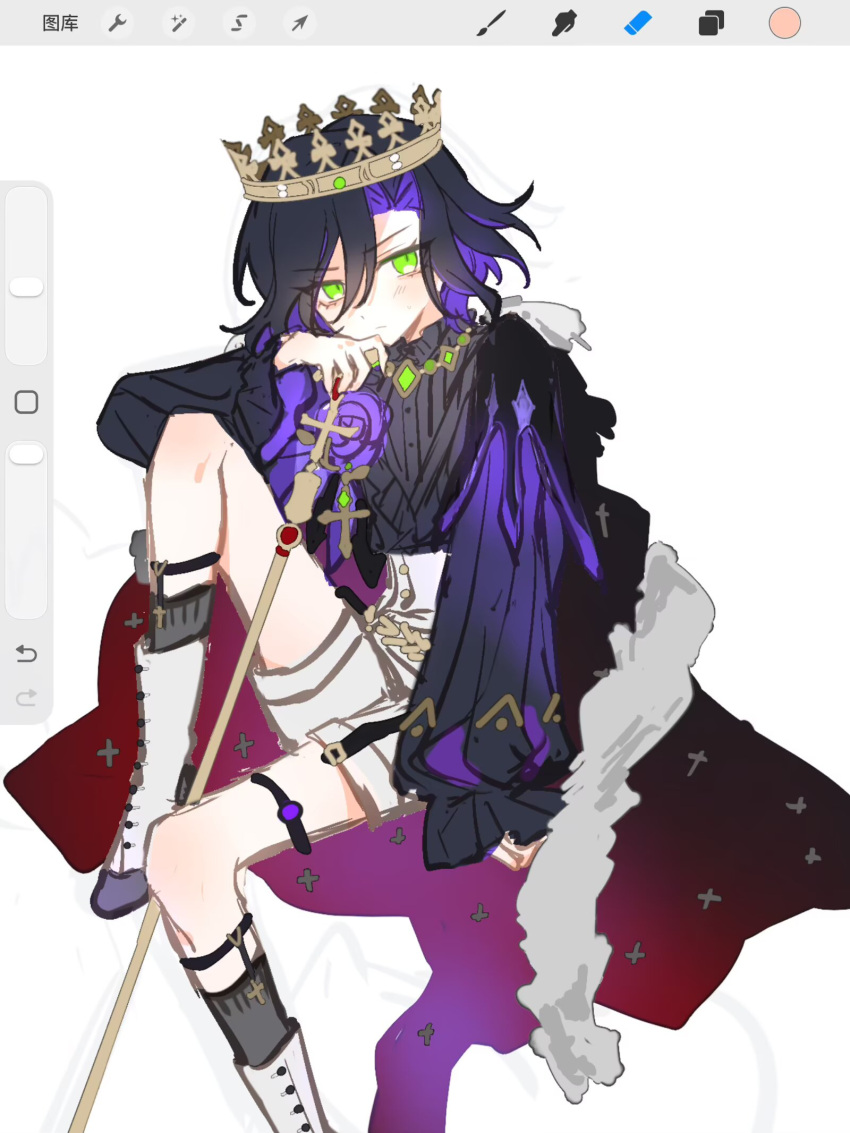 1boy, art_program_in_frame, black_hair, blush, boots, cape, colored_inner_hair, commentary_request