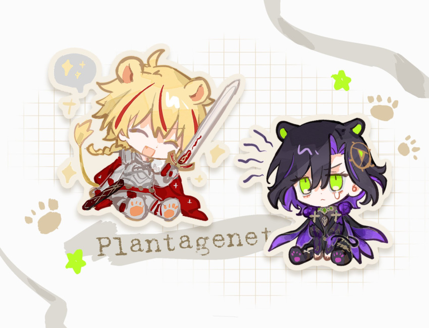 2boys, ahoge, animal_ears, armor, black_hair, blonde_hair, braid, braided_ponytail