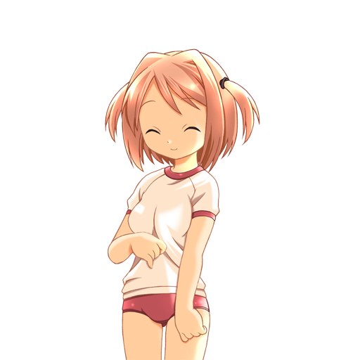 1girl, 2000s_(style), ^_^, blush, breasts, brown_hair, buruma, closed_eyes