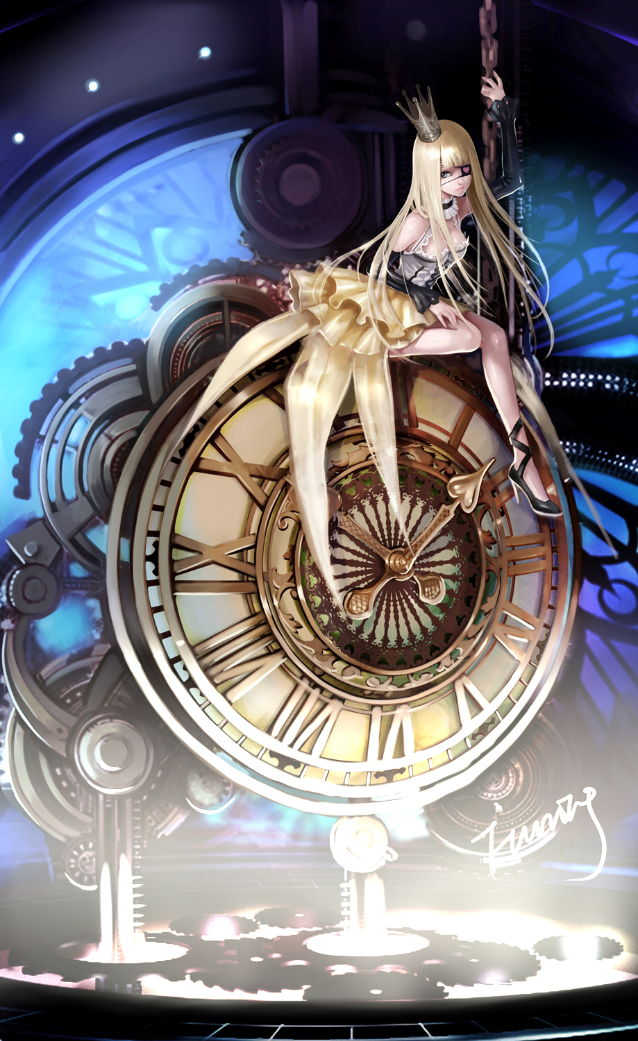 aqua_eyes, bangs, bare_shoulders, blonde_hair, blunt_bangs, bobo1983, breasts, cleavage