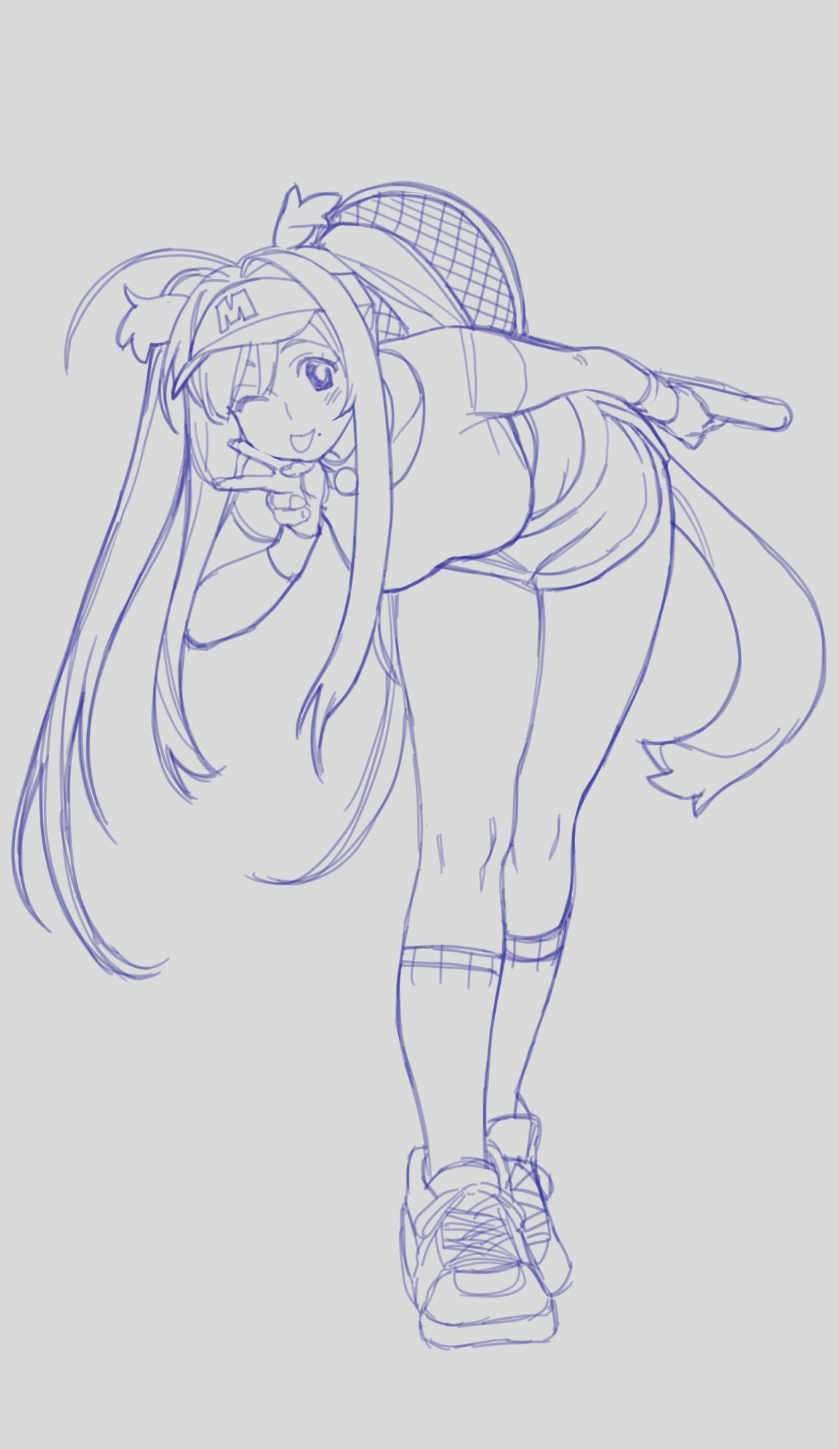 1girl, :p, ahoge, animal_collar, animal_ears, badminton_uniform, bent_over, breasts, collar, collarbone, commentary, cropped_shirt, dog_ears, dog_girl, dog_tail, english_commentary, full_body, gloves, grey_background, hand_up, highres, holding_badminton_racket, leaning_forward, long_hair, looking_at_viewer, mariko_(poch4n), medium_breasts, midriff, mole, mole_under_mouth, monochrome, one_eye_closed, original, outstretched_arm, poch4n, ponytail, shirt, shoes, short_shorts, short_sleeves, shorts, sidelocks, simple_background, sketch, sneakers, socks, solo, standing, tail, tongue, tongue_out, v, visor_cap