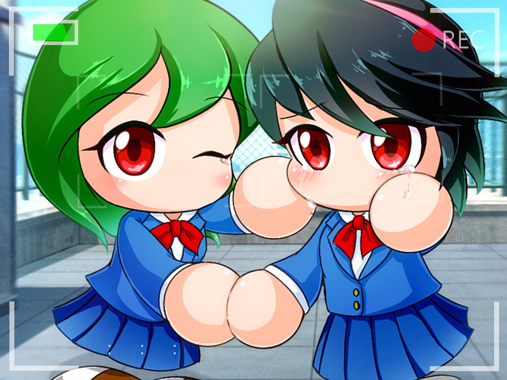 2girls, black_hair, blazer, blue_jacket, blue_skirt, bow, bowtie, commentary_request