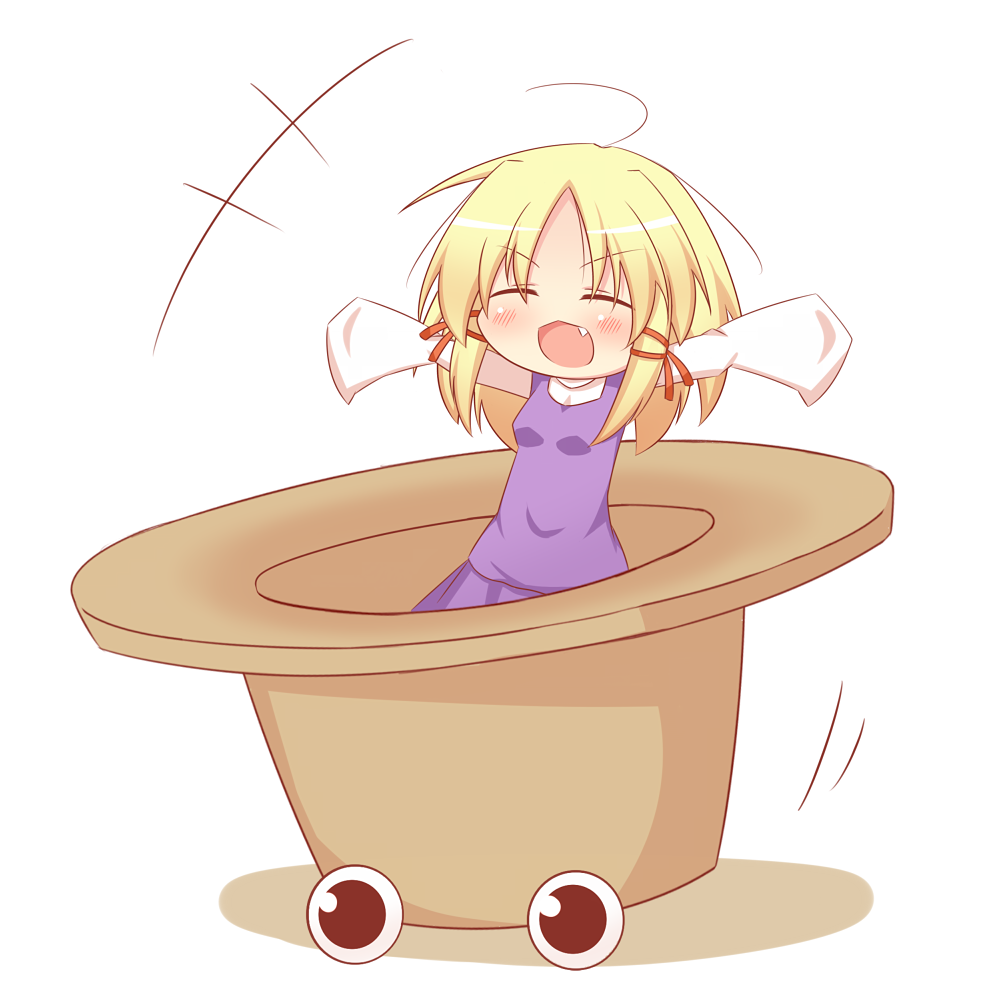 blonde_hair, blush_stickers, closed_eyes, eyes, eyes_closed, fang, hair_ribbon, happy, hat, hat_removed, headwear_removed, in_container, kohsan_, kousa_(black_tea), minigirl, moriya_suwako, open_mouth, pyonta, ribbon, touhou
