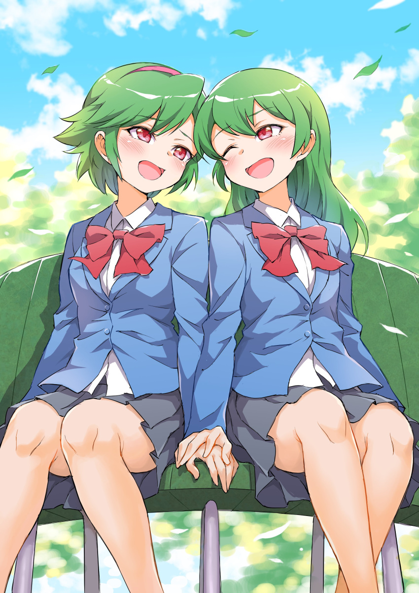 2girls, absurdres, blazer, blue_jacket, blue_sky, bow, bowtie, clouds