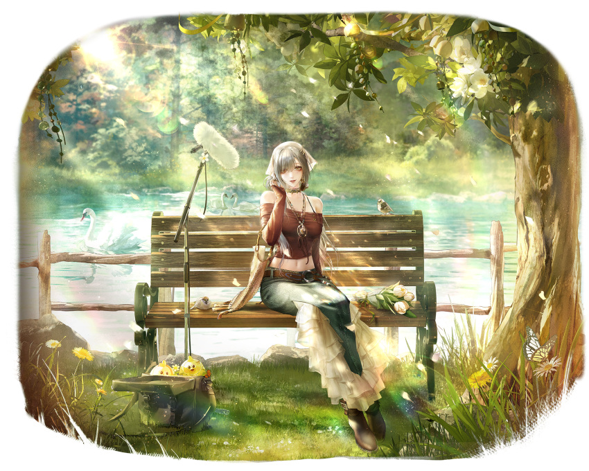 1girl, artist_request, bag, bare_shoulders, belt, bird, black_choker, boom_microphone