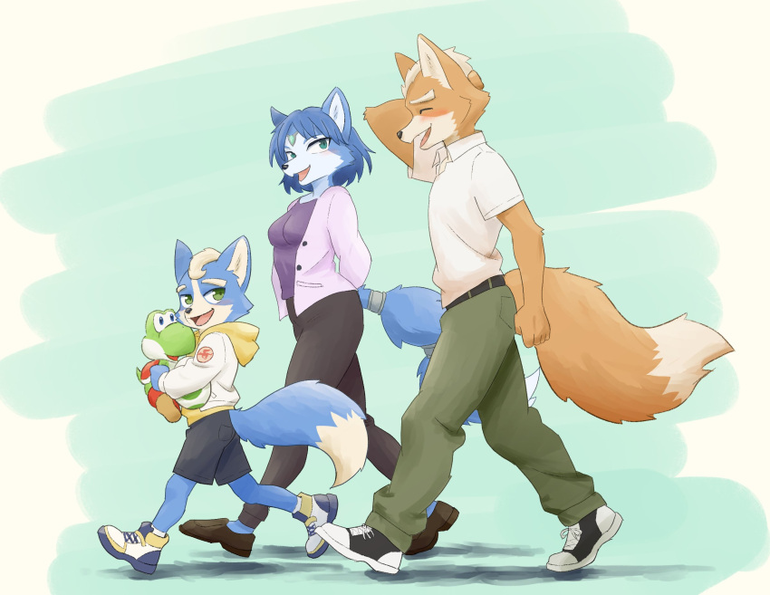 1girl, 2boys, animal_ears, blue_fur, blue_hair, brown_fur, closed_eyes, commentary_request, family, fox_boy, fox_ears, fox_girl, fox_mccloud, furry, furry_female, furry_male, hand_on_own_head, highres, jacket, krystal, looking_at_another, marcus_mccloud, multiple_boys, open_mouth, purple_shirt, shirt, smile, star_fox, voitman2024, walking, white_jacket, white_shirt