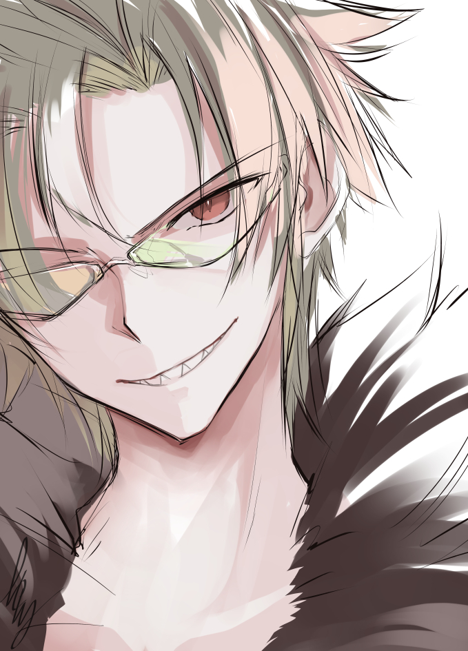 1boy, blonde_hair, commentary_request, fur_trim, grin, kurashiki_kuraudo, looking_at_viewer, male_focus, parted_lips, rakudai_kishi_no_cavalry, red_eyes, sharp_teeth, short_hair, simple_background, smile, solo, teeth, tinted_eyewear, upper_body, white_background, won_(az_hybrid), yellow-tinted_eyewear