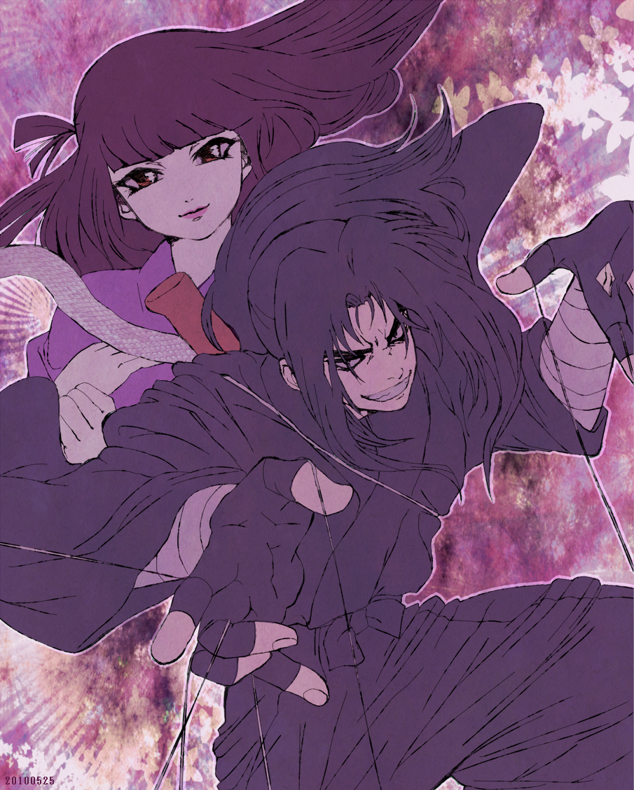 bandage, bandages, basilisk_(manga), butterfly, fingerless_gloves, gloves, grin, hotarubi, japanese_clothes, ninja, purple, smile, snake, string, yashamaru, yuu_inu_(yu-ken)