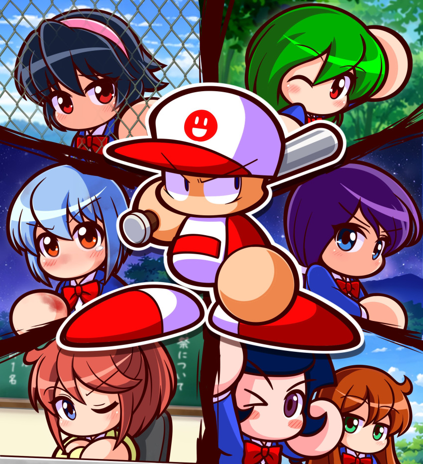 >_<, 1boy, 6+girls, amatsuki_isuzu, asouuuu, baseball_bat, baseball_cap, baseball_uniform, black_hair, blazer, blue_eyes, blue_hair, blue_jacket, blush_stickers, bow, bowtie, brown_eyes, brown_hair, chain-link_fence, chalkboard, commentary_request, cut-in, fence, green_eyes, green_hair, hairband, haruta_ran, hat, high_ponytail, highres, holding, holding_baseball_bat, jacket, jikkyou_powerful_pro_yakyuu, jikkyou_powerful_pro_yakyuu_(style), long_hair, metal_baseball_bat, mihashi_taeko, multicolored_hat, multicolored_shirt, multicolored_shoes, multiple_girls, no_mouth, one_eye_closed, ooe_kazuna, pink_hairband, ponytail, power_pro-kun, power_pro-kun_pocket, power_pro-kun_pocket_10, purple_hair, rayman_limbs, red_bow, red_bowtie, red_eyes, red_hat, red_shirt, red_shoes, sanpaku, school_uniform, shinjou_shian, shirt, shoes, short_hair, sportswear, takashina_nao, two-tone_shoes, violet_eyes, white_hat, white_shirt, white_shoes, yellow_jacket, yoshizuki_sara
