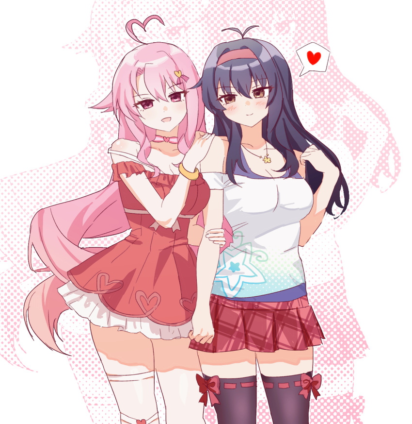 2girls, ahoge, antenna_hair, artist_request, black_hair, black_thighhighs, breasts, commission