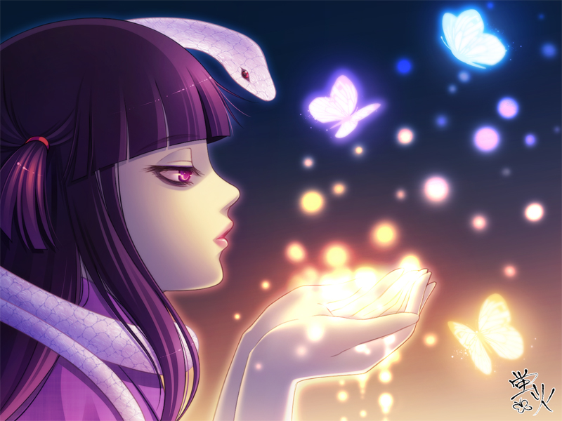 butterfly, byuune, eyelashes, face, glowing, hands, hotarubi, lips