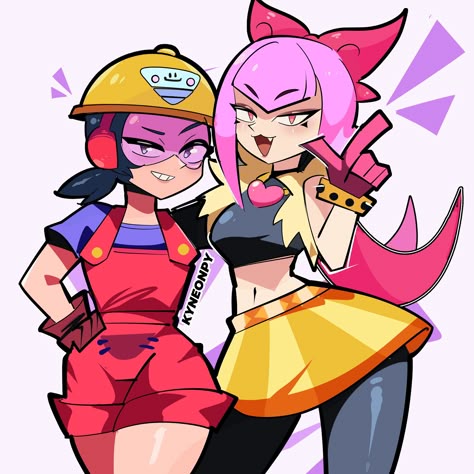 2girls, :), artist_name, bangs, beltskirt, black_choker, black_shirt, black_thighhighs, blue_shirt, bow, bracelet, brawl_stars, breasts, buttons, choker, collar, commentary_request, crop_top, dark_blue_hair, duo, emblem, eyebrows, eyebrows_visible_through_hair, fang, fur_trim, gloves, goggles, goggles_on_eyes, grey_eyes, grin, hair_bow, half-closed_eyes, hand_on_another's_back, hand_on_another's_shoulder, hands_on_hips, heart, heart_choker, helmet, jacky_(brawl_stars), kyneonpy, lips, looking_at_viewer, low_twintails, lowres, maroon_gloves, melodie_(brawl_stars), midriff, opaque_glasses, open_mouth, orange_skirt, overall_shorts, overalls, pink_eyes, pink_hair, pocket, pointing, pointing_up, pout, purple_background, purple_gloves, purple_triangle, raised_eyebrow, raised_eyebrows, red_bow, red_goggles, red_overalls, shirt, simple_background, skirt, smile, spiked_belt, spiked_bracelet, striped_skirt, tape, teeth, thighhighs, triangle, triangle_print, twintails, v-shaped_eyebrows, white_background, yellow_belt, yellow_fur, yellow_helmet, yellow_skirt, zig-zag_pattern