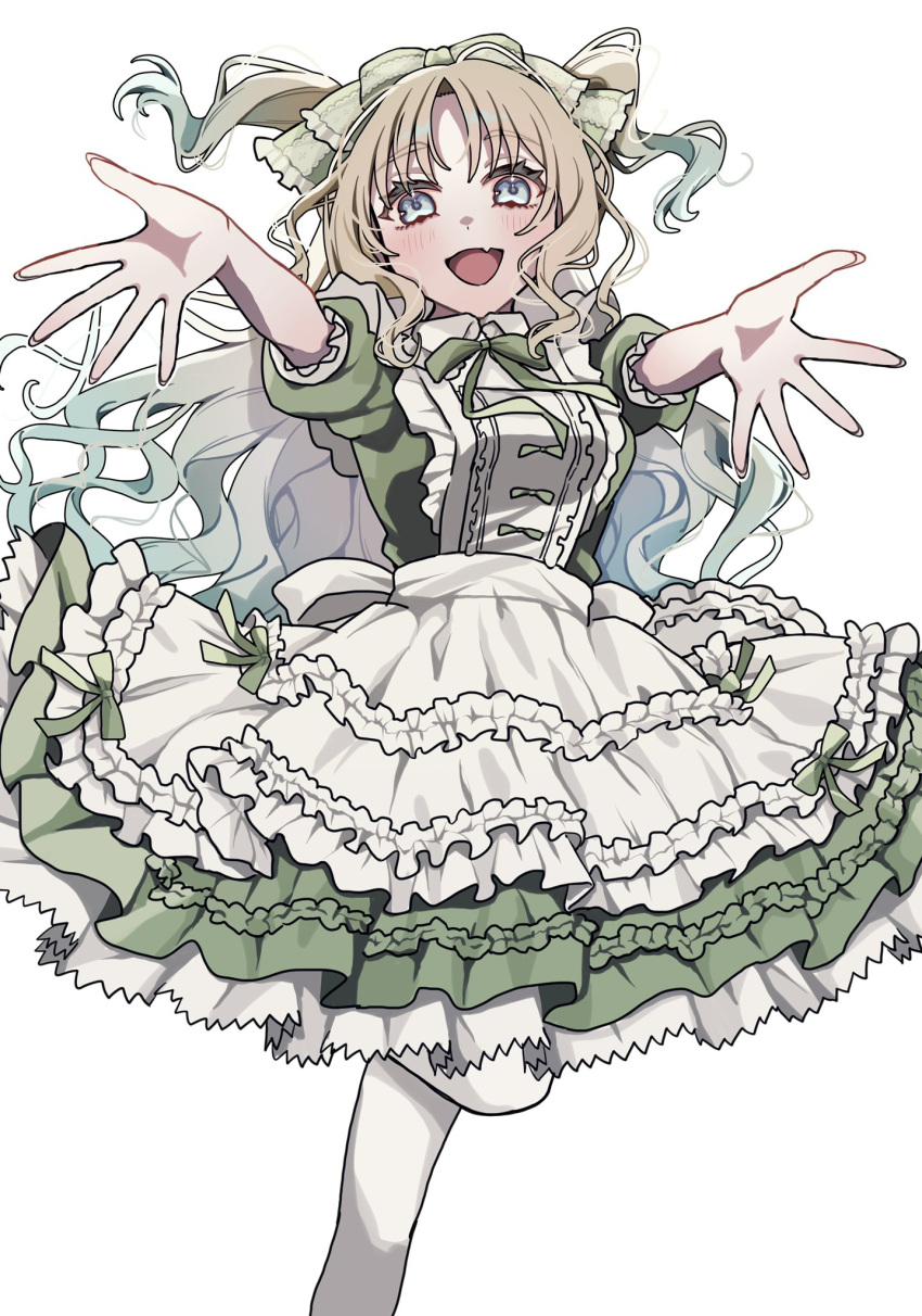1girl, :d, arms_up, blonde_hair, blue_eyes, blue_hair, bow, collared_dress