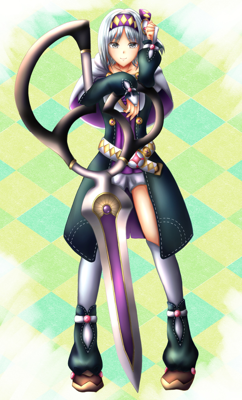 1girl, absurdres, ankle_boots, argyle_background, argyle_belt, argyle_clothes, argyle_hairband, belt