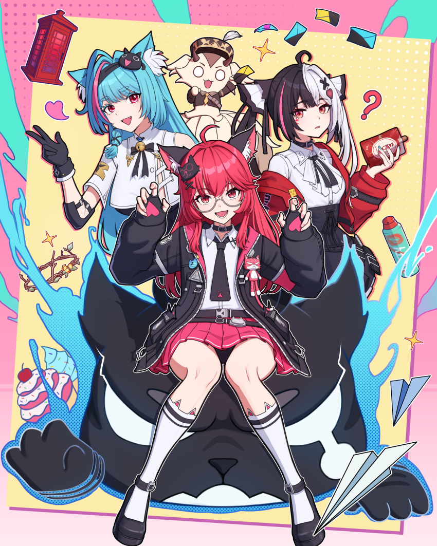 3girls, ?, absurdres, ahoge, animal_ear_fluff, animal_ears, aqua_hair, black_bodysuit