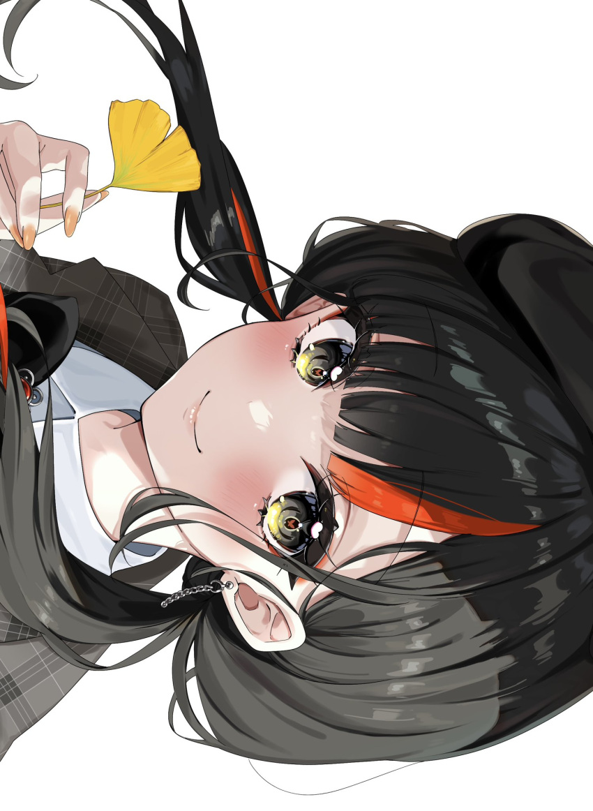 1girl, black_eyes, black_hair, black_hat, blunt_bangs, blush, butterfly_in_eye, chain