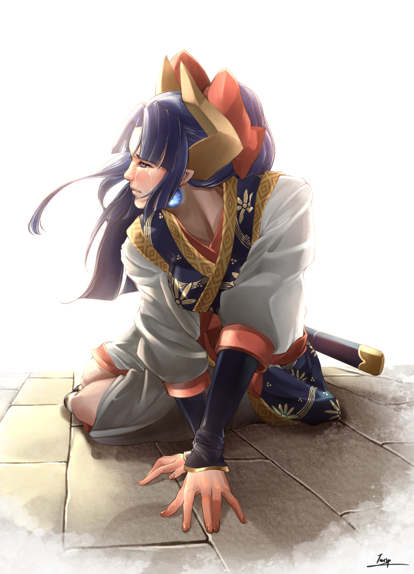 1girl, absurdres, blue_hair, blue_kimono, bow, closed_mouth, fuyou_(shinrabanshou), gold_horns