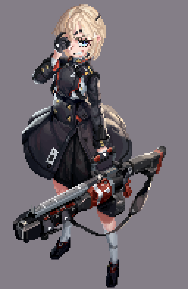 1girl, black_dress, black_gloves, blonde_hair, blue_eyes, blush, breasts, dress, eyepatch, gloves, goddess_of_victory:_nikke, guillotine_(nikke), holding, horlof, horns, long_hair, looking_at_viewer, multiple_girls, original, pixel_art, simple_background, skirt, small_breasts, smile, solo, standing, very_long_hair, weapon, white_background