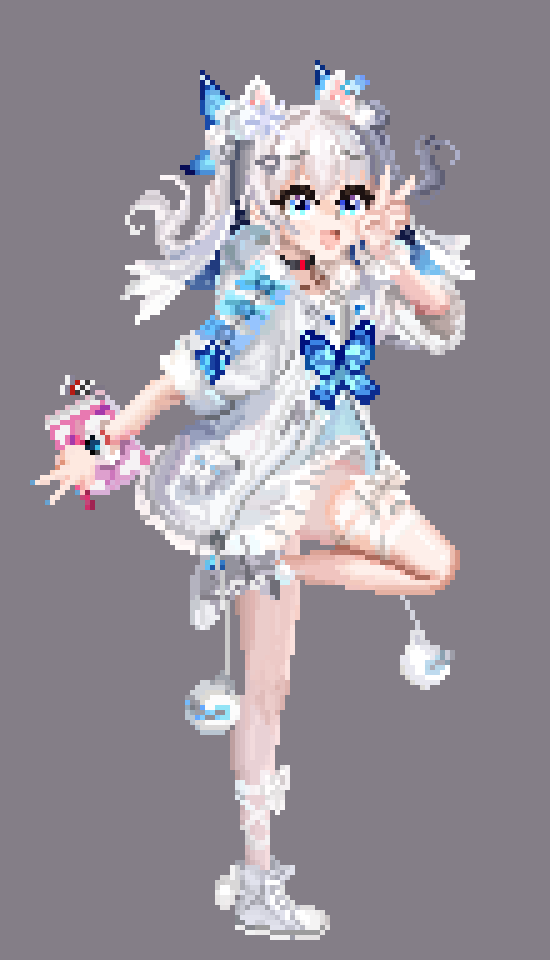 1girl, animal_ear_fluff, animal_ears, blue_eyes, blush, butterfly_hair_ornament, double_bun, dress