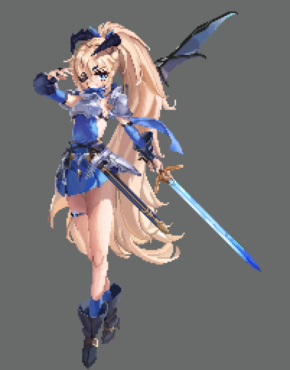 1girl, black_gloves, blonde_hair, blue_eyes, blush, breasts, dress, eyepatch, gloves, goddess_of_victory:_nikke, guillotine_(nikke), guillotine_(winter_slayer)_(nikke), highres, holding, horlof, long_hair, looking_at_viewer, original, pixel_art, simple_background, skirt, small_breasts, smile, solo, standing, very_long_hair, weapon
