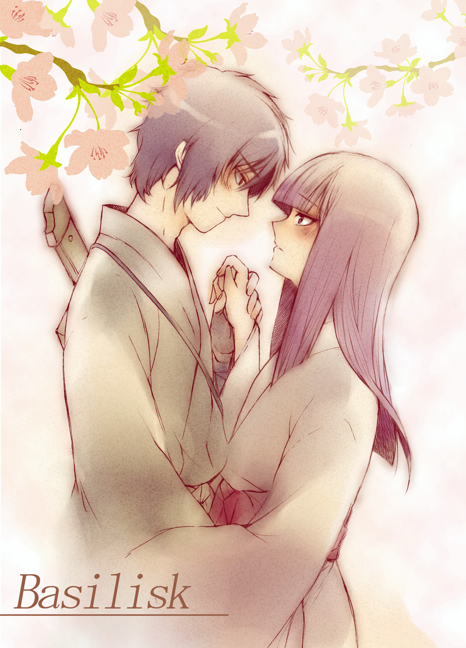 1girl, basilisk_(manga), bianca007, black_hair, cherry_blossoms, couple, eye_contact, hand_holding