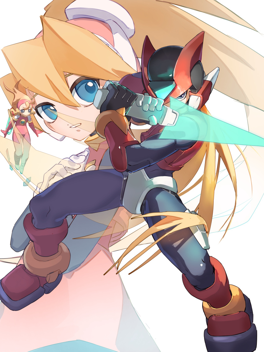 1boy, 2girls, absurdres, armor, black_eyes, blonde_hair, blue_eyes, ciel_(mega_man), commentary_request, cyber_elf_(mega_man), full_body, helmet, highres, long_hair, male_focus, mega_man_(series), mega_man_zero_(series), multiple_girls, omochi_(mochi_skymega), red_armor, red_helmet, solo_focus, zero(z)_(mega_man), zero_(mega_man)