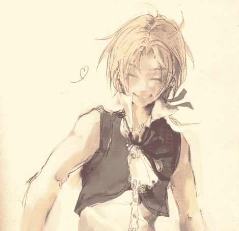 ascot, closed_eyes, eyes_closed, final_fantasy, final_fantasy_ix, lowres, male, ponytail, sepia, simple_background, siroop_23, sleeveless, smile, solo, zidane_tribal