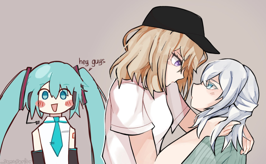 3girls, aqua_eyes, aqua_hair, aqua_necktie, arms_around_neck, bang_dream!, bang_dream!_it's_mygo!!!!!, bang_dream!_our_notes