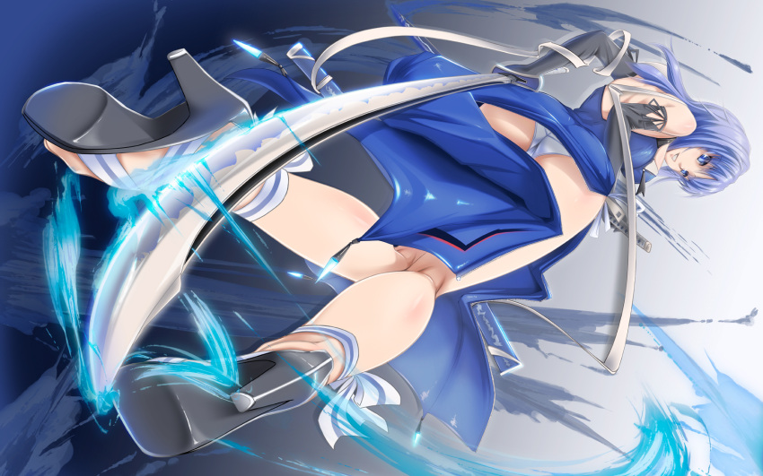 ass, blue_hair, breasts, chakabo, dress, dual_wielding, elbow_gloves, foreshortening, from_below, gloves, grin, high_heels, highres, katana, kneepits, long_hair, original, panties, pantyshot, ribbon, scabbard, sheath, shoes, sideways, smile, solo, sword, underwear, upskirt, wallpaper, weapon, white_panties