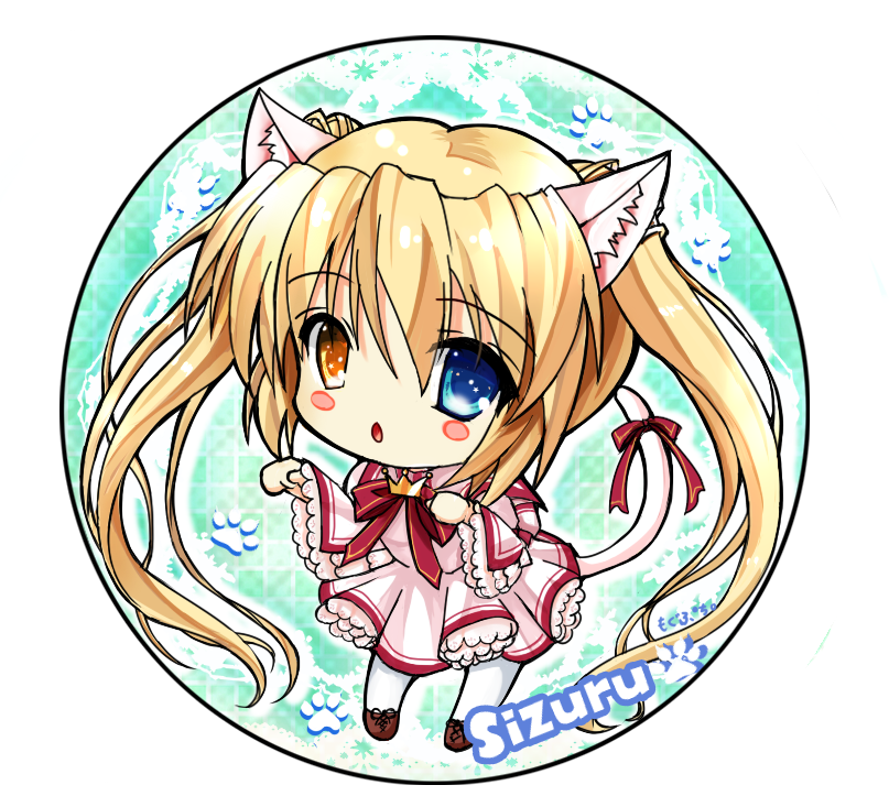 1girl, animal_ear_fluff, animal_ears, aqua_background, blonde_hair, blue_eyes, blush_stickers, boots, bow, brown_boots, cat_ears, cat_girl, cat_tail, character_name, chestnut_mouth, chibi, chibi_only, commentary_request, crown, dress, eyes_visible_through_hair, frilled_dress, frilled_sleeves, frills, full_body, hair_between_eyes, hands_up, heterochromia, kazamatsuri_institute_high_school_uniform, kemonomimi_mode, lace-up_boots, long_hair, long_sleeves, looking_at_viewer, medium_dress, mini_crown, mogupuchi, nakatsu_shizuru, neck_ribbon, no_eyepatch, open_mouth, pantyhose, paw_pose, paw_print, pink_dress, pleated_dress, red_bow, red_ribbon, rewrite, ribbon, school_uniform, sidelocks, simple_background, solo, standing, tail, tail_bow, tail_ornament, tail_raised, twintails, two-tone_background, very_long_hair, white_background, white_pantyhose, wide_sleeves, yellow_eyes