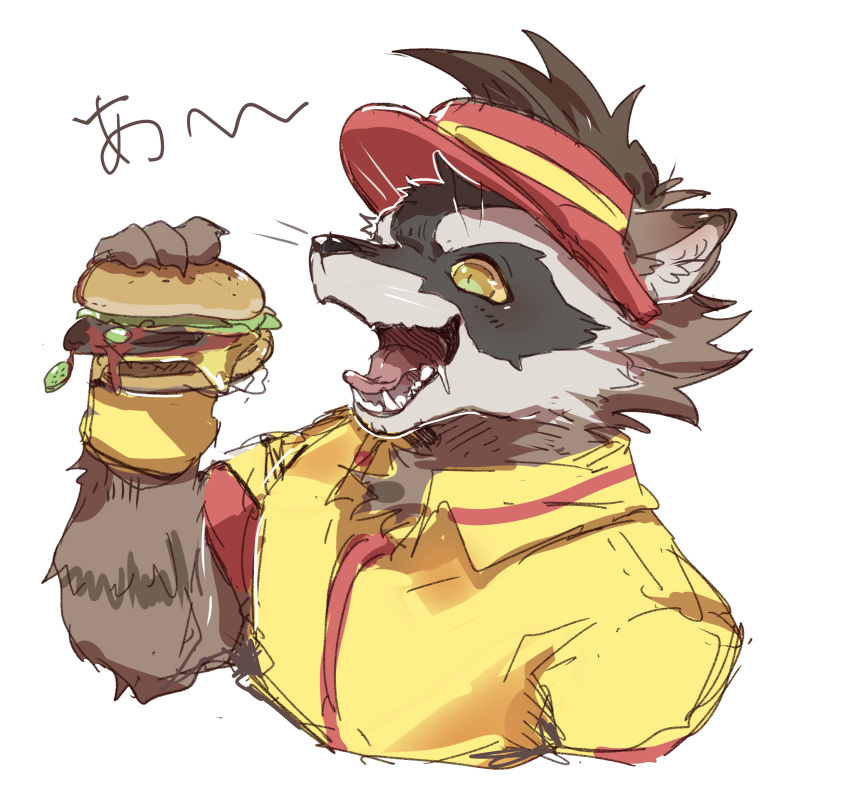 1boy, absurdres, animal_ears, burger, employee_uniform, fangs, fast_food_uniform, food