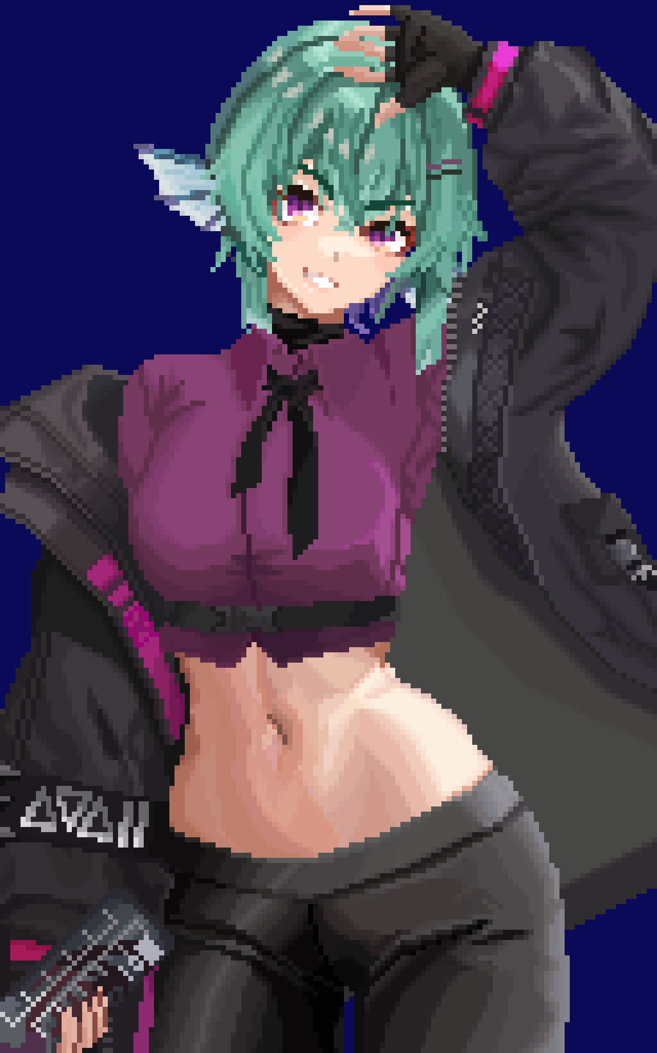 1girl, blush, breasts, finana_ryugu, fins, fish_girl, green_hair, hair_ornament, head_fins, highres, horlof, long_hair, looking_at_viewer, navel, open_mouth, original, pixel_art, shirt, smile, solo, violet_eyes, virtual_youtuber