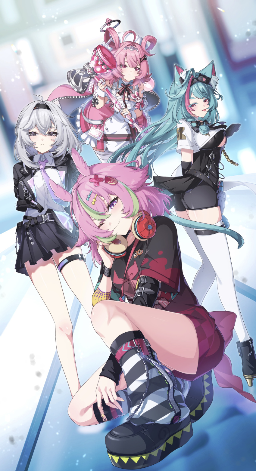 4girls, absurdres, animal_ears, aqua_hair, black_bodysuit, black_jacket, black_shirt, black_skirt