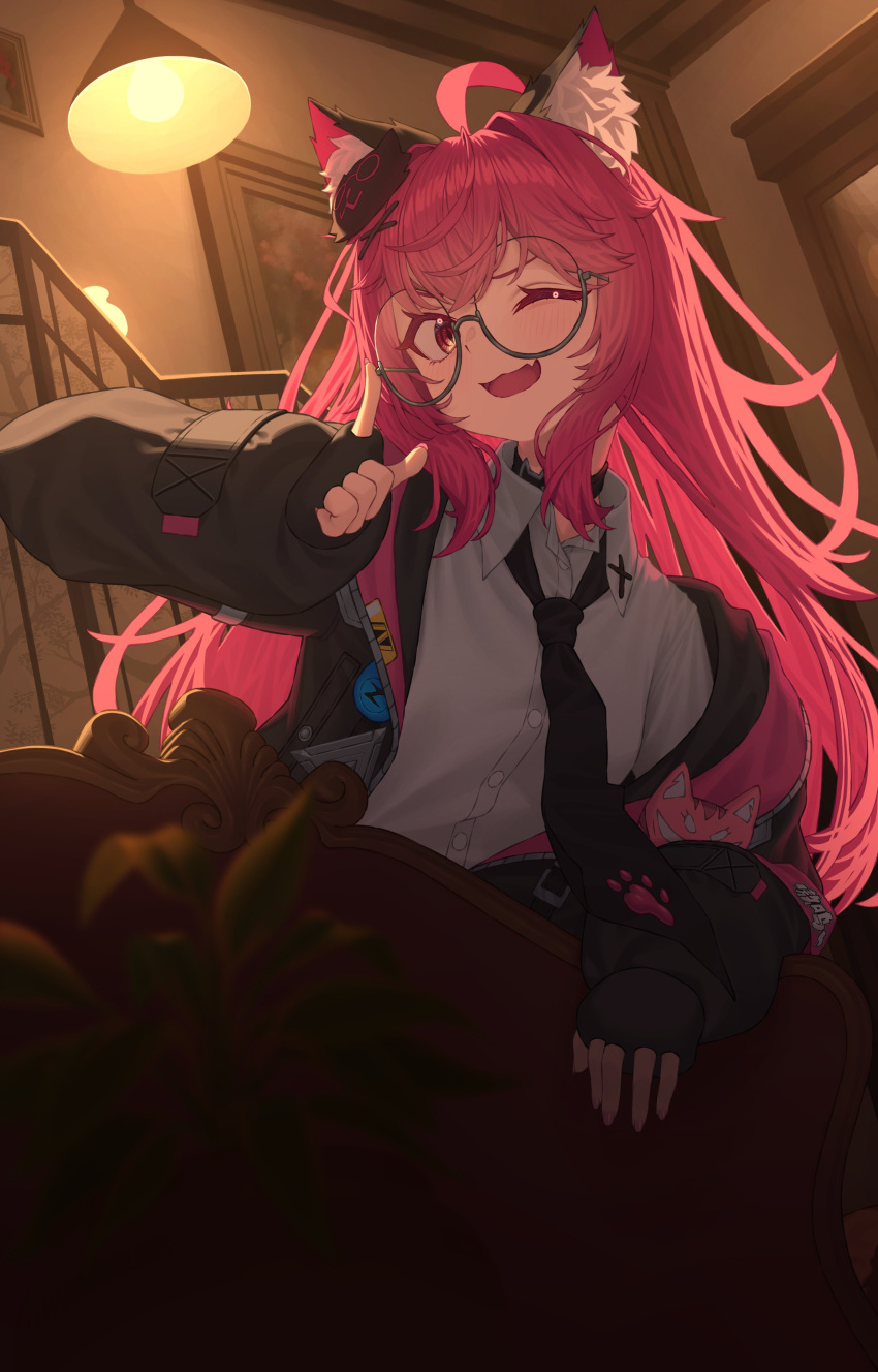 1girl, absurdres, ahoge, animal_ear_fluff, animal_ears, bintz, black-framed_eyewear, black_gloves