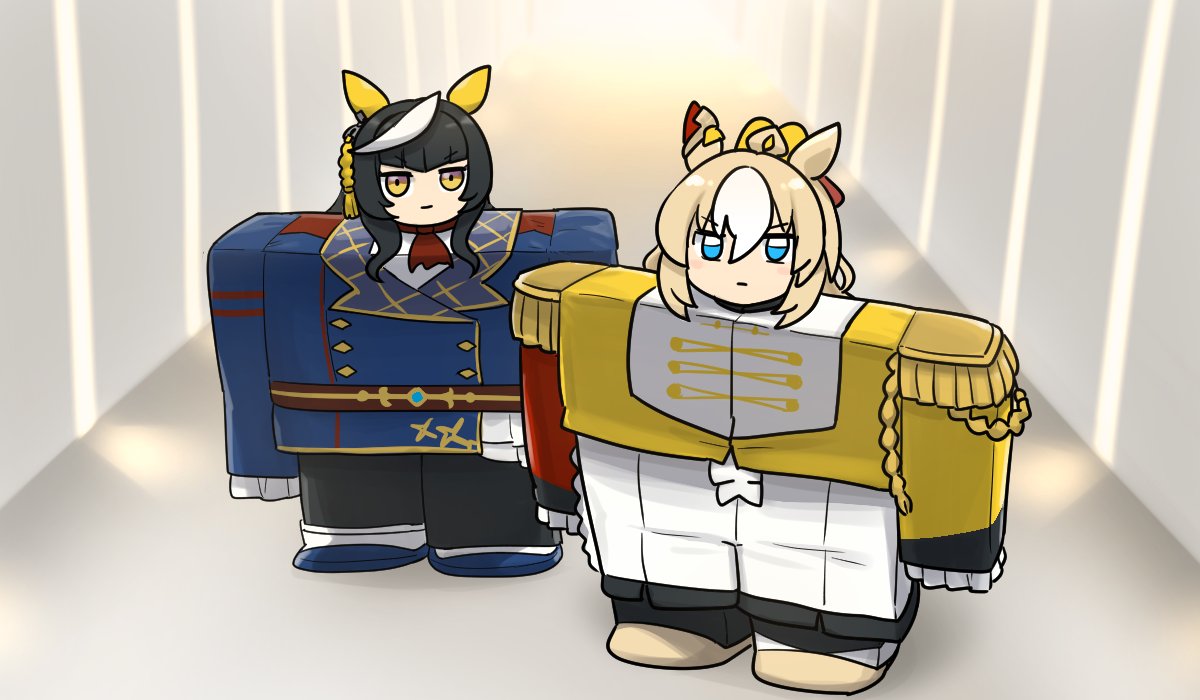 2girls, ahoge, animal_ears, ascot, black_hair, blonde_hair, blue_eyes, blue_jacket