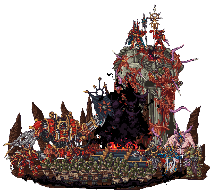adeptus_astartes, altar, animated, animated_gif, armor, astra_militarum, banner, battle_standard, bayonet, black_legion_(warhammer_40k), black_smoke, body_armor, bolter, chainsword, chaos_(warhammer), chaos_space_marine, commissar_(warhammer_40k), death_guard, demon, demon_horns, dual_wielding, english_commentary, exhaust_pipe, fire, flamethrower, gun, hat, hellbrute, helmet, holding, holding_banner, holding_bolter, holding_gun, holding_staff, holding_sword, holding_weapon, horned_armor, horns, human_sacrifice, mage_staff, magic, peaked_cap, pixel_art, power_armor, power_fist, sprite, sprite_art, staff, standard_bearer, steel_joe, sword, tentacles, terminator_armor, thousand_sons, tzeentch_(symbol), warhammer_40k, weapon, word_bearers