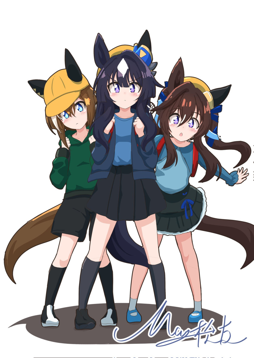 3girls, aged_down, animal_ears, black_hair, black_shoes, black_shorts, black_skirt, black_socks