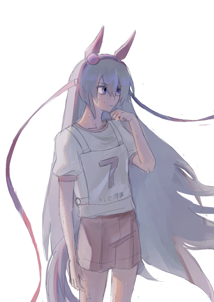 1girl, animal_ears, blue_eyes, blue_hairband, commentary_request, ear_covers, grey_hair, grey_tail