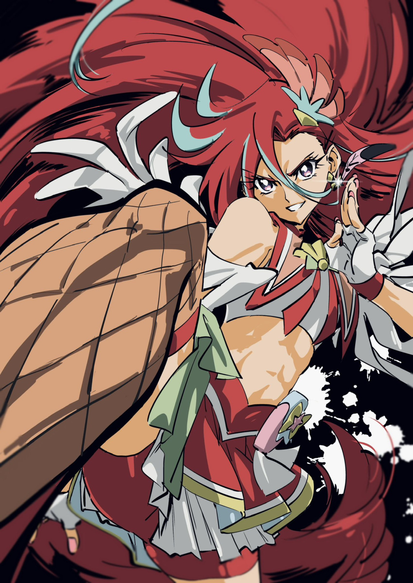 1girl, abs, bike_shorts, black_eyes, blue_streaks, commentary_request, crop_top, cure_flamingo