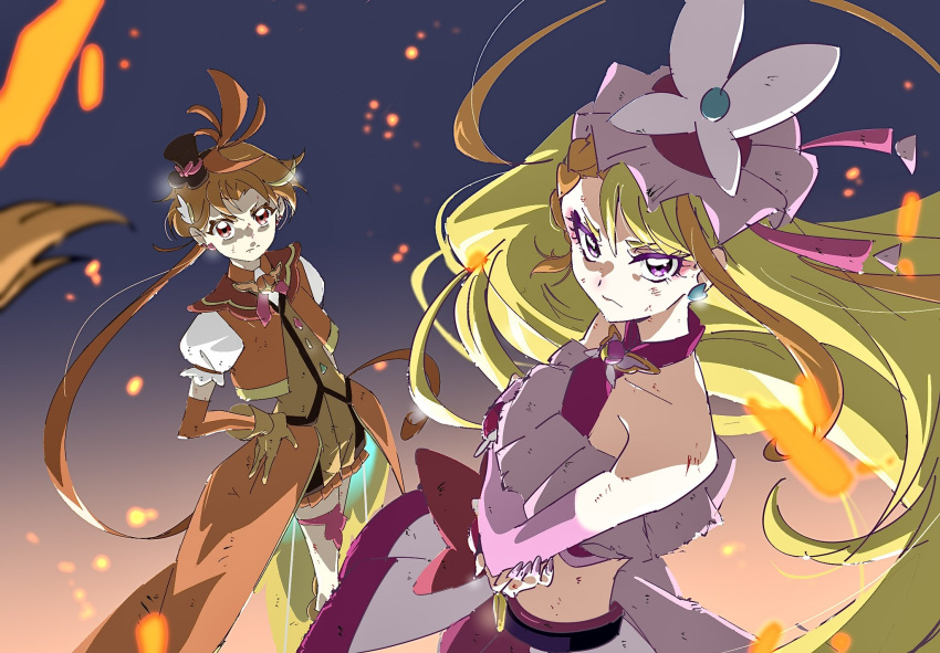 1boy, 1girl, belt, black_belt, black_hat, blonde_hair, braid, bridal_gauntlets