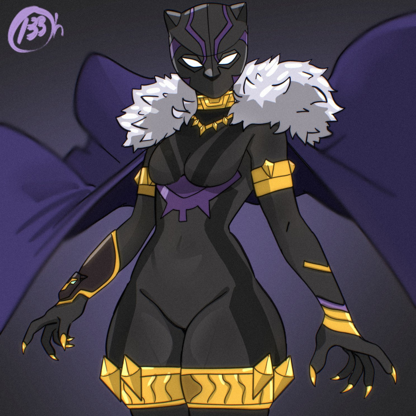 1girl, black_bodysuit, black_panther_(series), black_panther_(shuri), bodysuit, breasts, cape, clawed_gloves