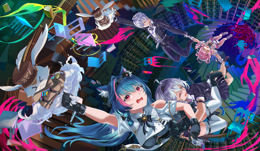 1boy, 3girls, absurdres, animal_ears, aqua_hair, black_gloves, black_jacket, cat_ears