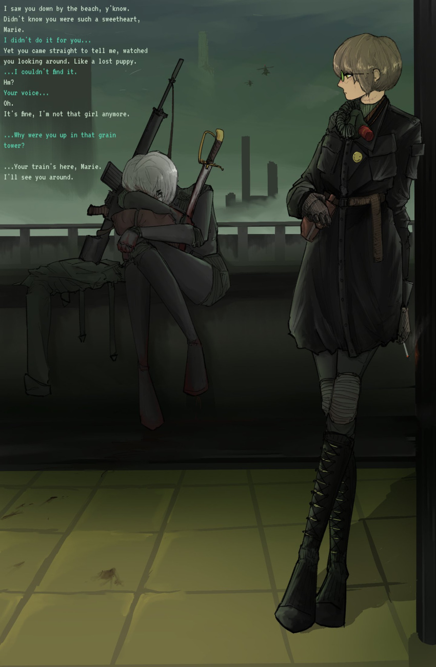 2girls, against_wall, aircraft, badge, black_boots, blood, blood_on_hands, blood_on_weapon