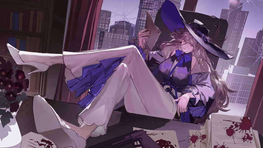 1girl, absurdres, black_hat, black_shirt, blood_on_paper, blue_eyes, brown_hair, closed_mouth, commentary_request, crossed_legs, hat, high_heels, highres, holding, holding_paper, jiuyuan_(neverness_to_everness), long_hair, looking_at_viewer, nail_polish, neverness_to_everness, pants, paper, red_nails, shirt, shoes, solo, valson, very_long_hair, white_pants, white_shoes