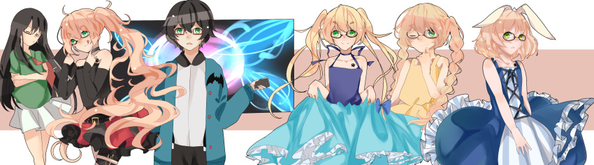 6+boys, :/, :q, animal_ear_hairband, animal_ears, bare_arms, bare_shoulders, bat_ornament