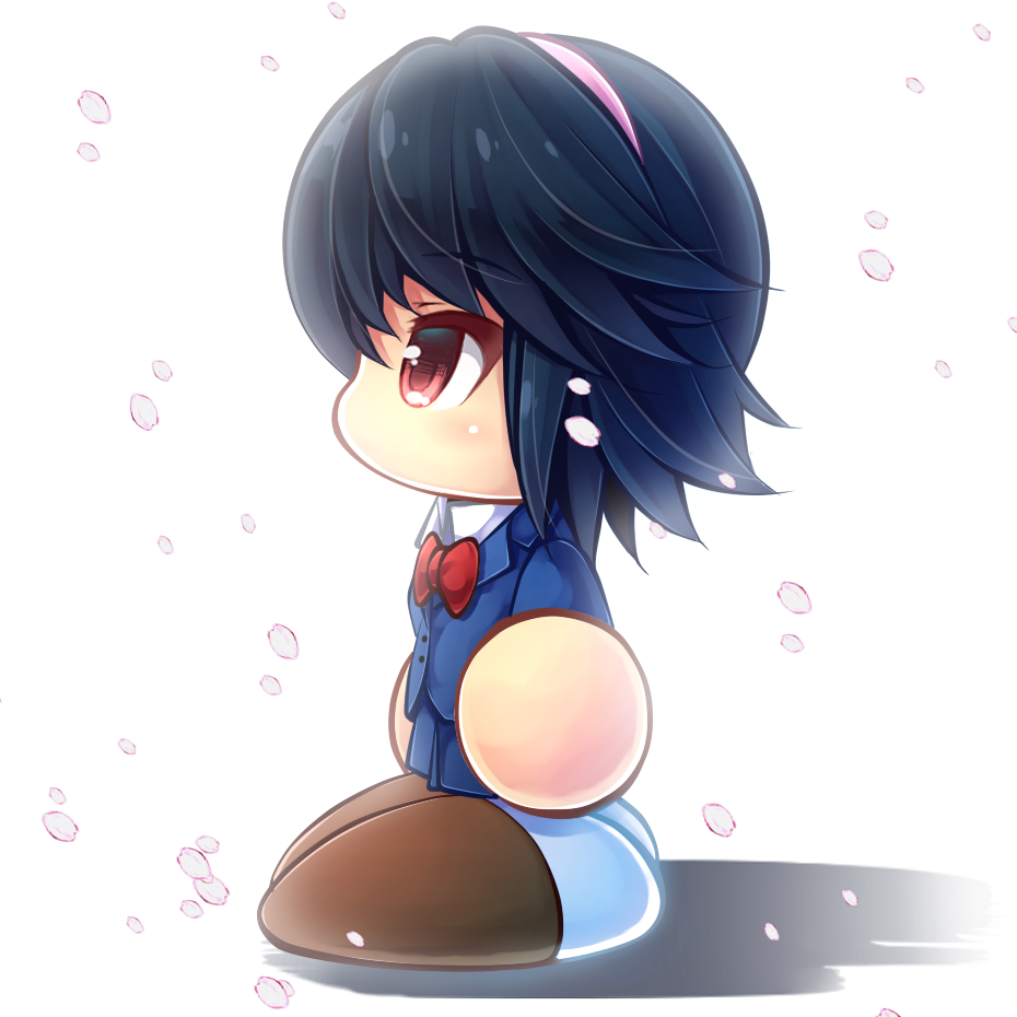 1girl, black_hair, blazer, blue_jacket, blue_skirt, bow, bowtie, brown_shoes